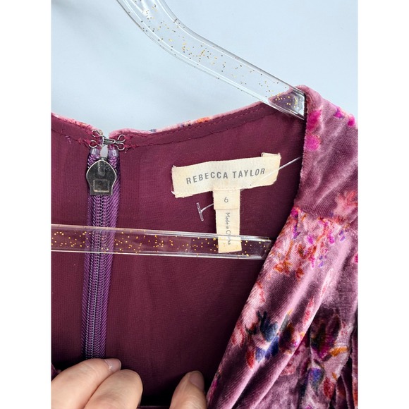 Rebecca Taylor Silk Blend Floral Velvet Midi Dress Purple Puff Sleeve Size 6 - Picture 3 of 11